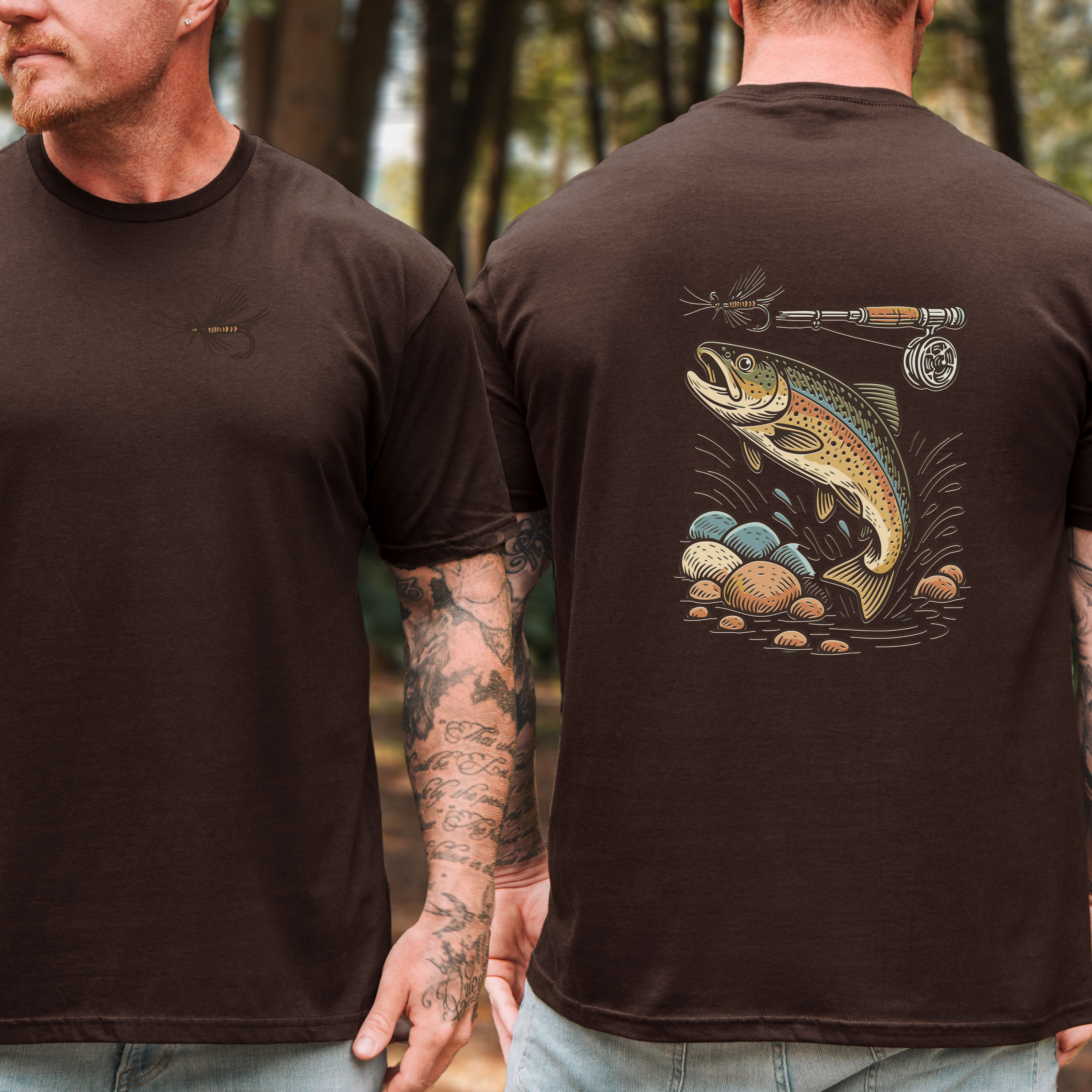 Brown fly fishing t-shirt with a trout and fly rod and reel