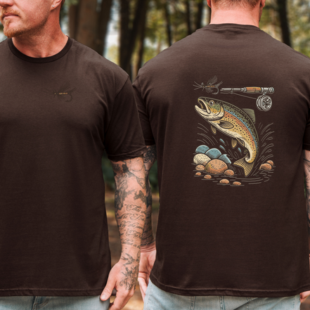 Brown fly fishing t-shirt with a trout and fly rod and reel