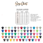 Gildan 64000 size chart with color swatches for various shirt sizes.