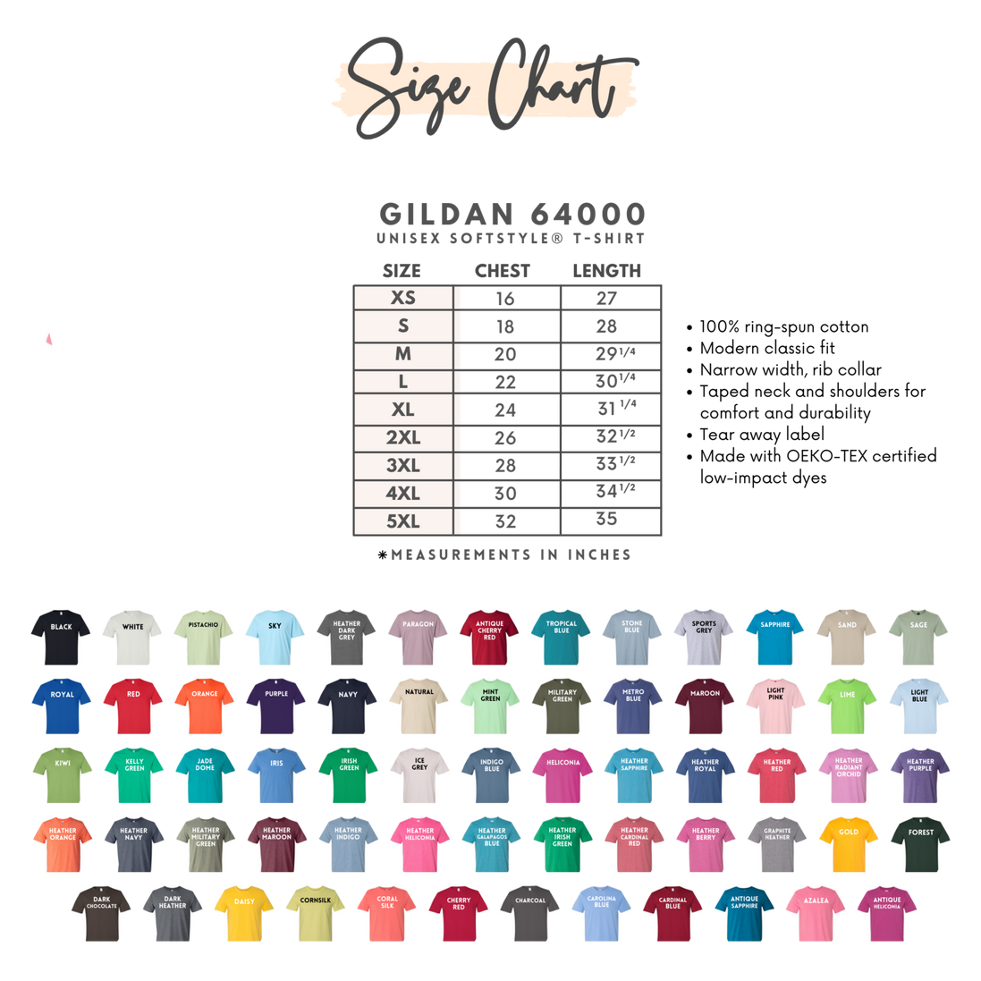 Gildan 64000 size chart with color swatches for various shirt sizes.