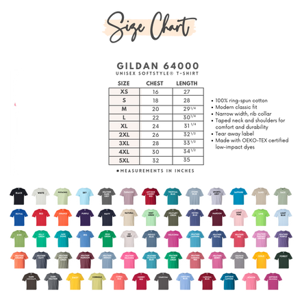Gildan 64000 size chart with color swatches for various shirt sizes.