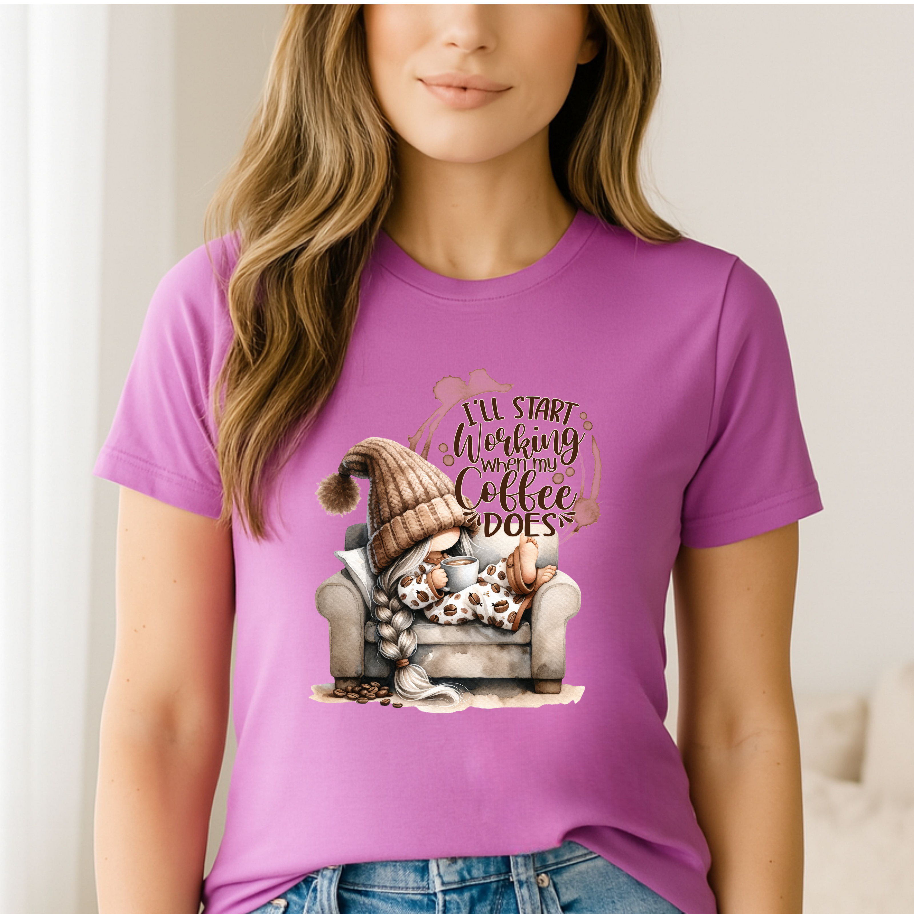 Purple shirt with gnome holding coffee and text that reads I’ll start working when my coffee does