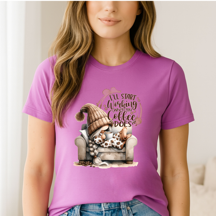 Purple shirt with gnome holding coffee and text that reads I’ll start working when my coffee does