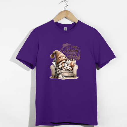 Purple t-shirt with a gnome graphic and text on a white background