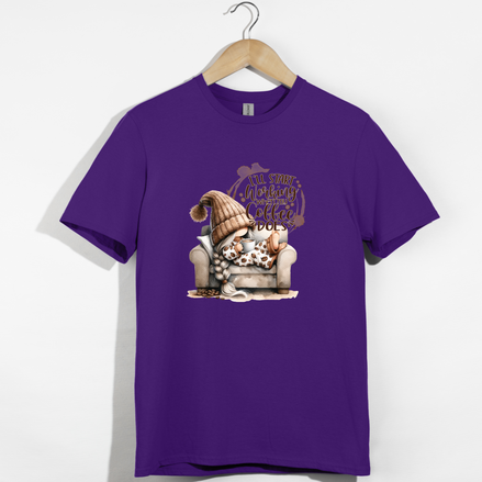 Purple t-shirt with a gnome graphic and text on a white background