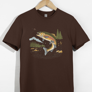 Jumping Trout with Mountain Background Fly Fishing T-Shirt