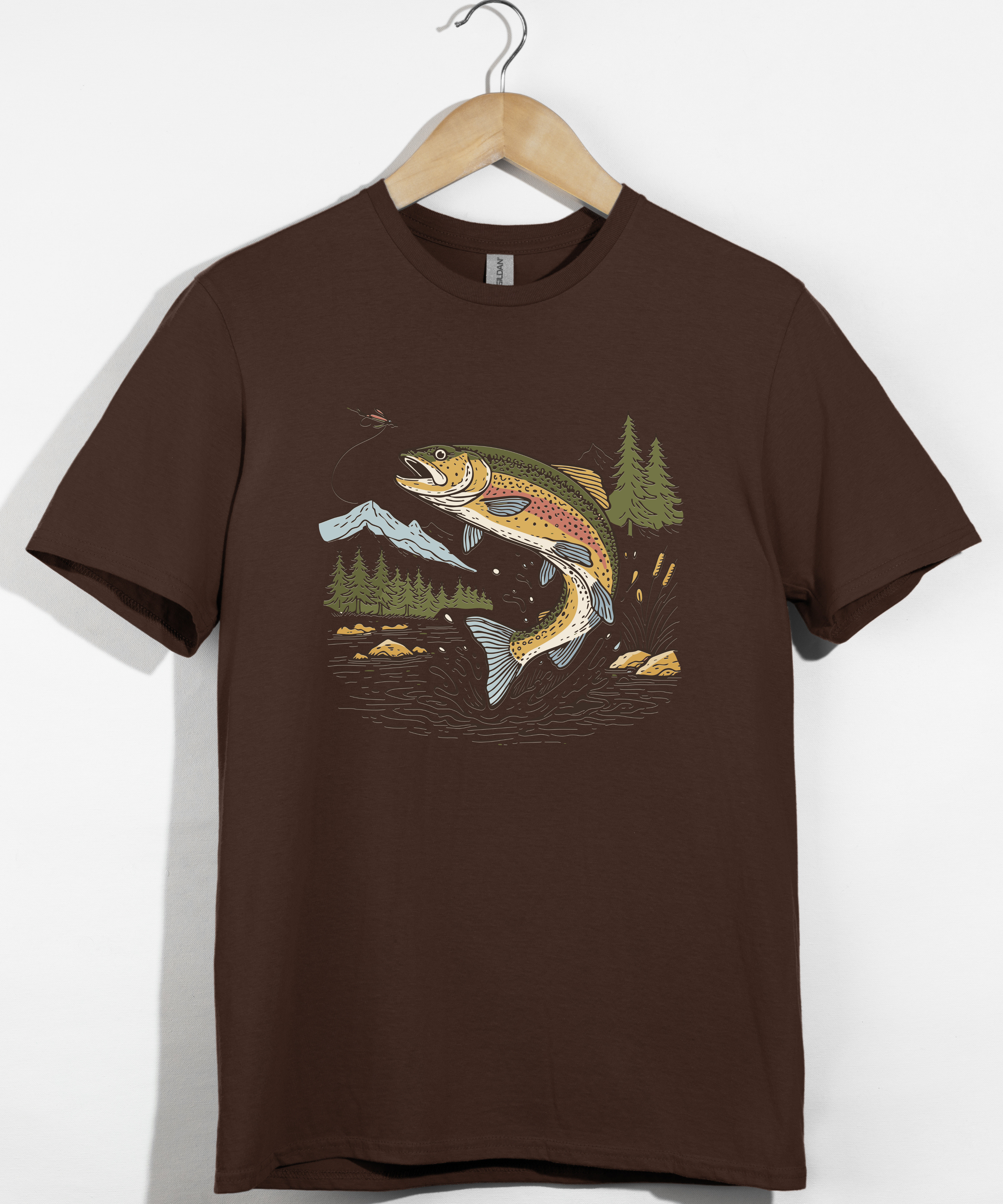 Jumping Trout with Mountain Background Fly Fishing T-Shirt