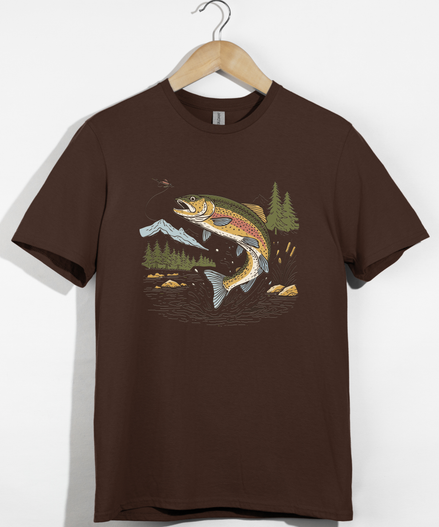 Jumping Trout with Mountain Background Fly Fishing T-Shirt