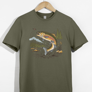 Jumping Trout with Mountain Background Fly Fishing T-Shirt