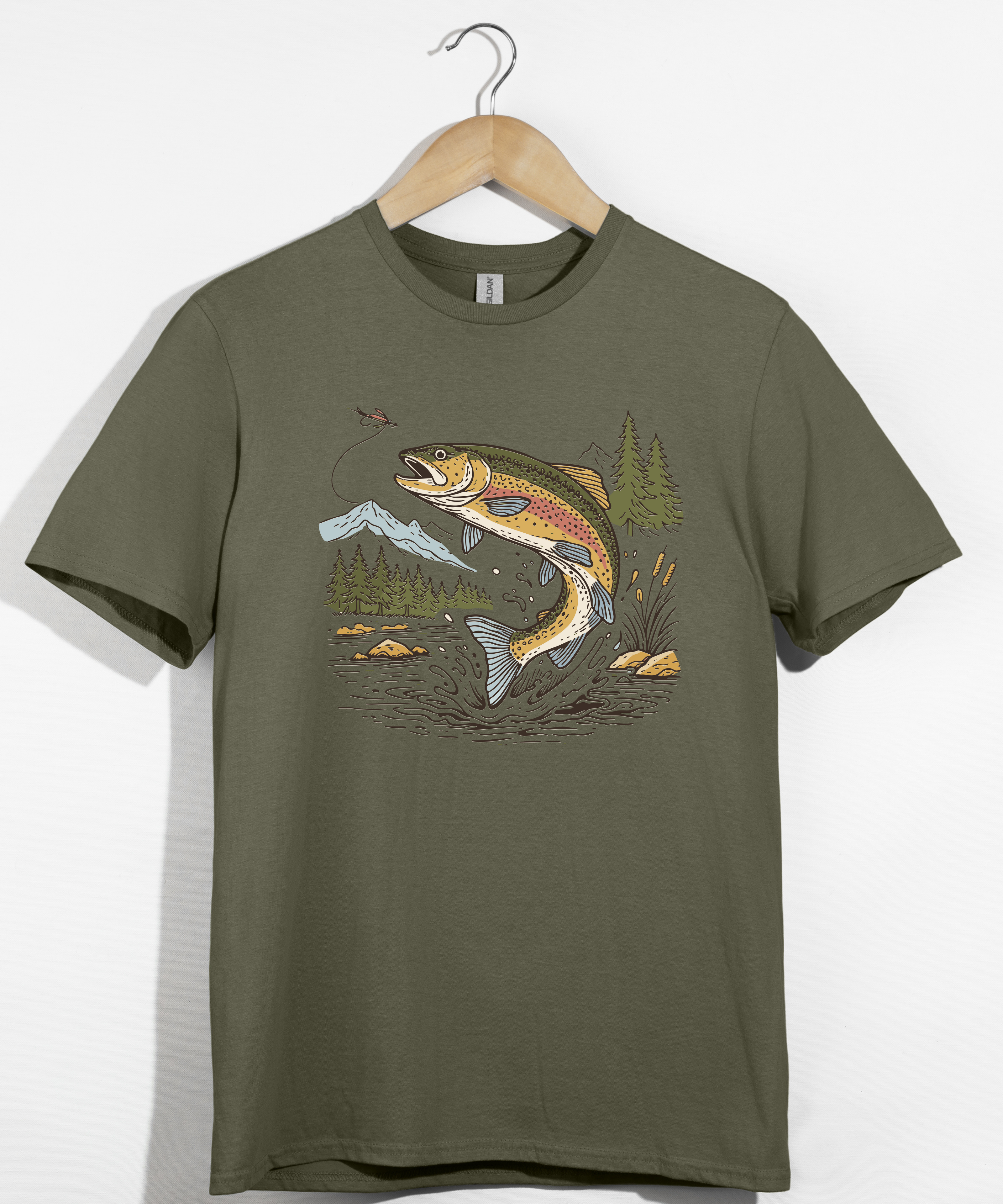 Jumping Trout with Mountain Background Fly Fishing T-Shirt