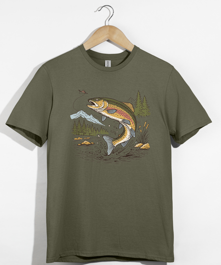 Jumping Trout with Mountain Background Fly Fishing T-Shirt