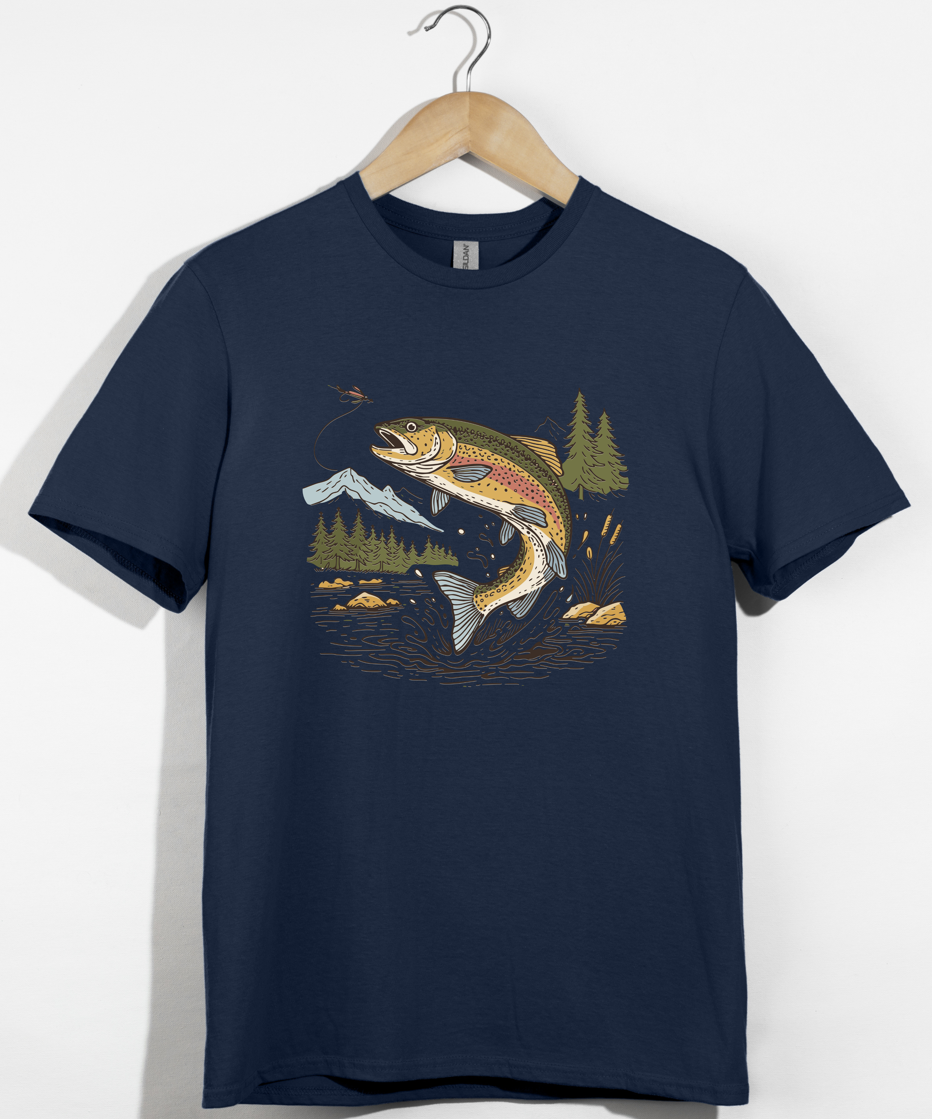 Jumping Trout with Mountain Background Fly Fishing T-Shirt