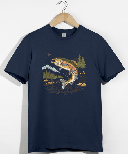 Jumping Trout with Mountain Background Fly Fishing T-Shirt