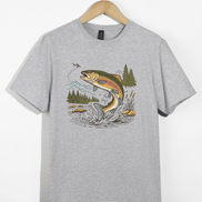 Jumping Trout with Mountain Background Fly Fishing T-Shirt