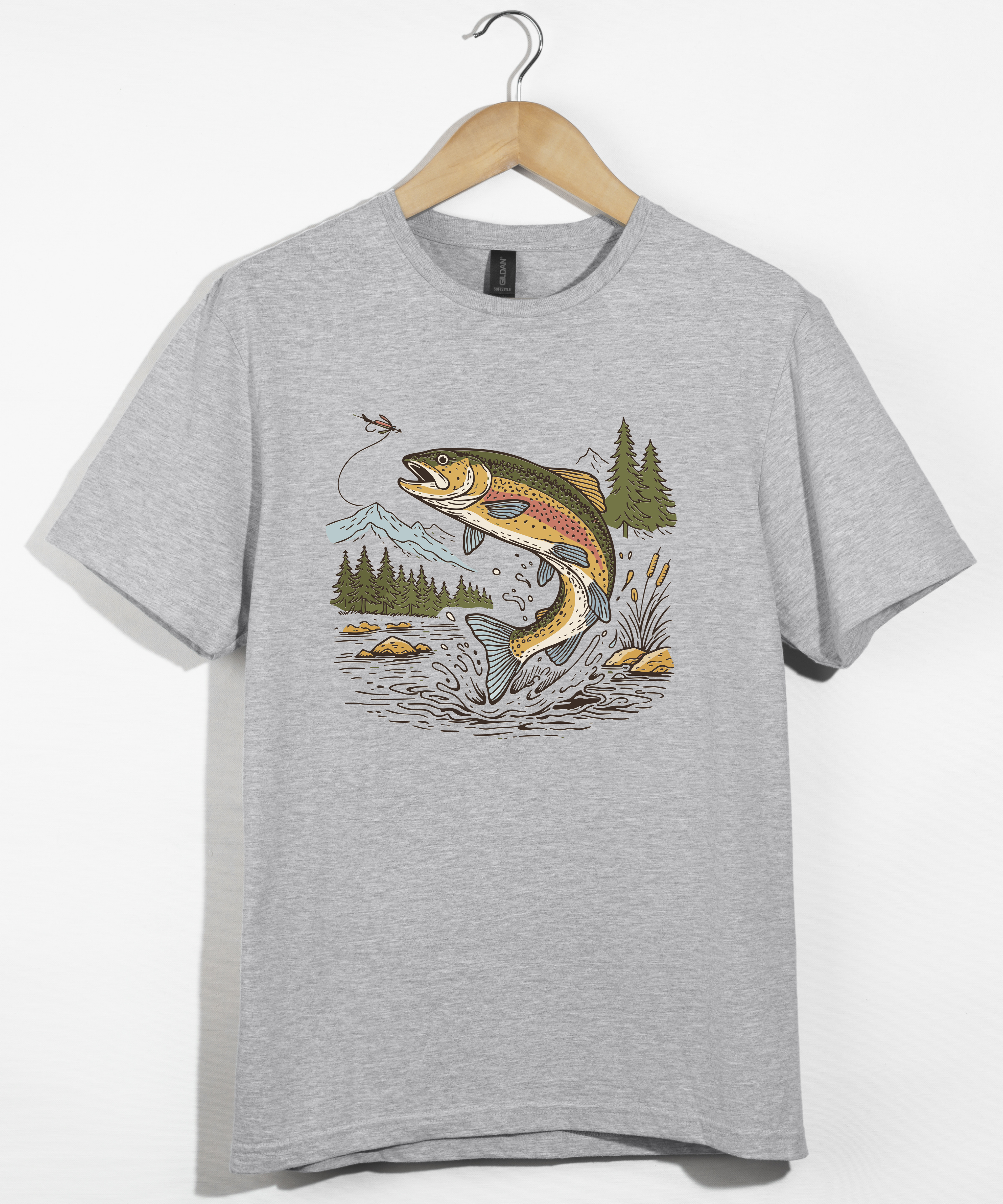 Jumping Trout with Mountain Background Fly Fishing T-Shirt