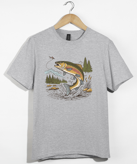 Jumping Trout with Mountain Background Fly Fishing T-Shirt