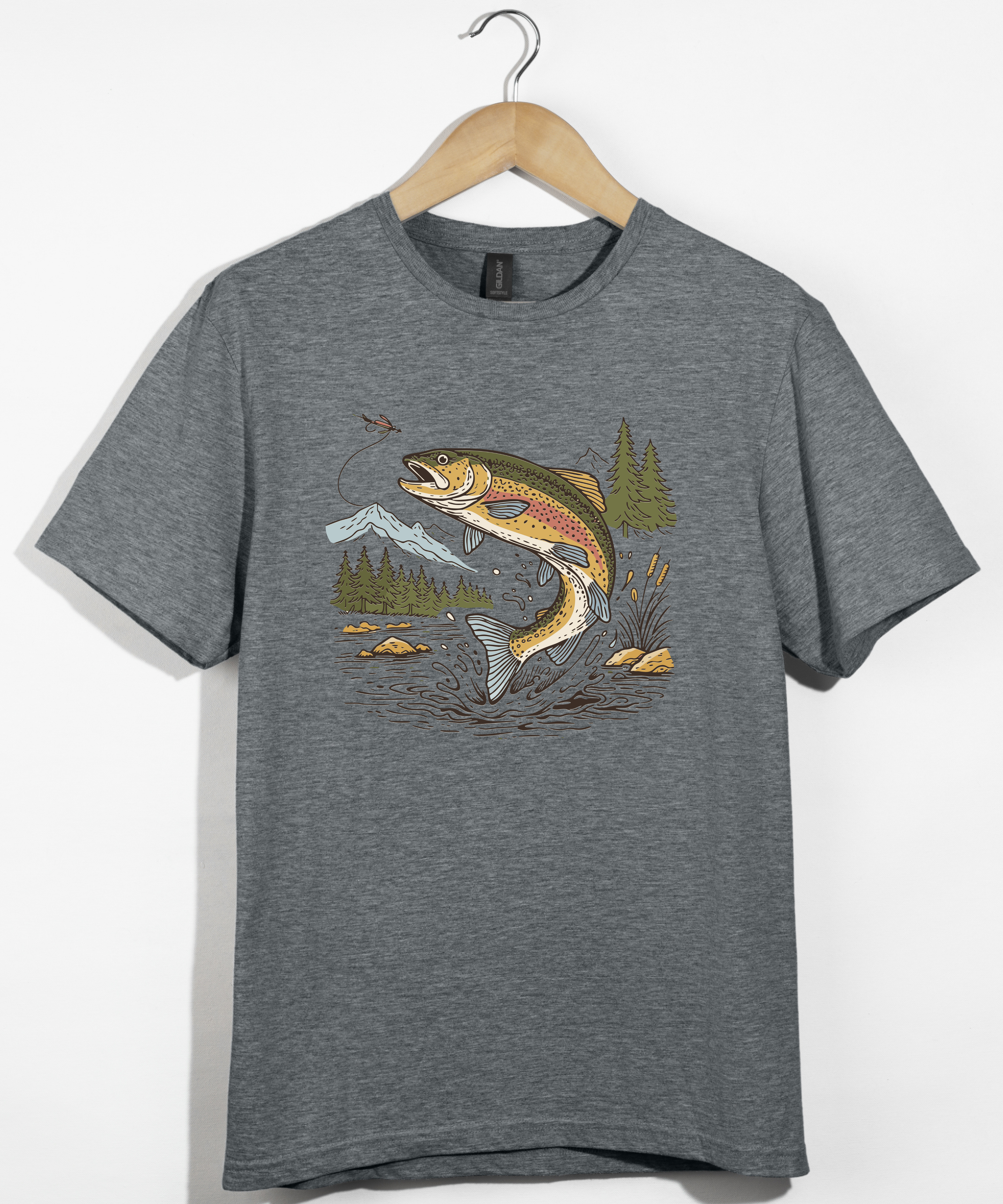 Jumping Trout with Mountain Background Fly Fishing T-Shirt