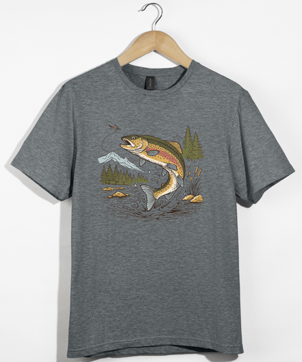 Jumping Trout with Mountain Background Fly Fishing T-Shirt