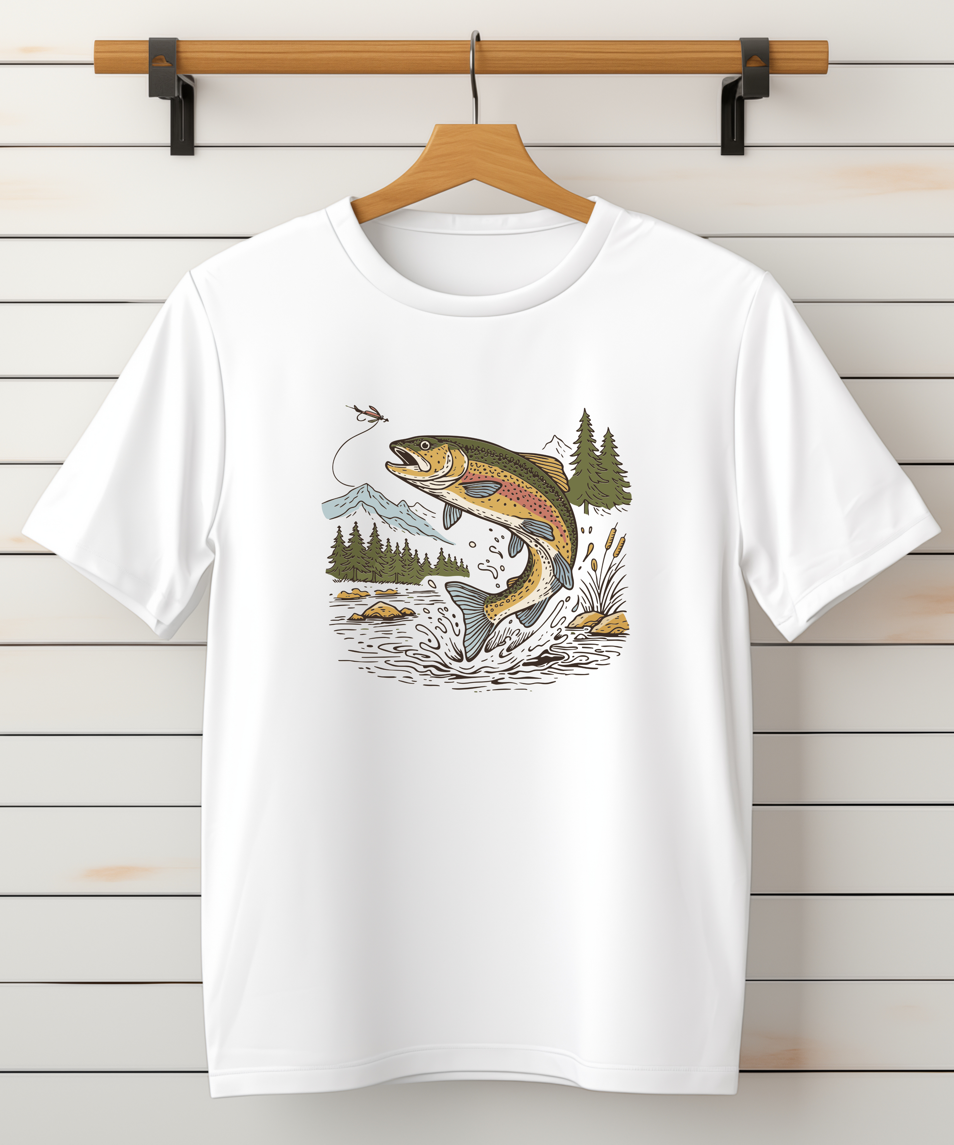 Jumping Trout with Mountain Background Fly Fishing T-Shirt