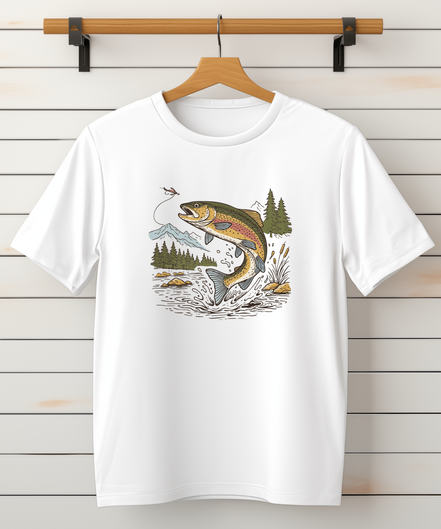 Jumping Trout with Mountain Background Fly Fishing T-Shirt