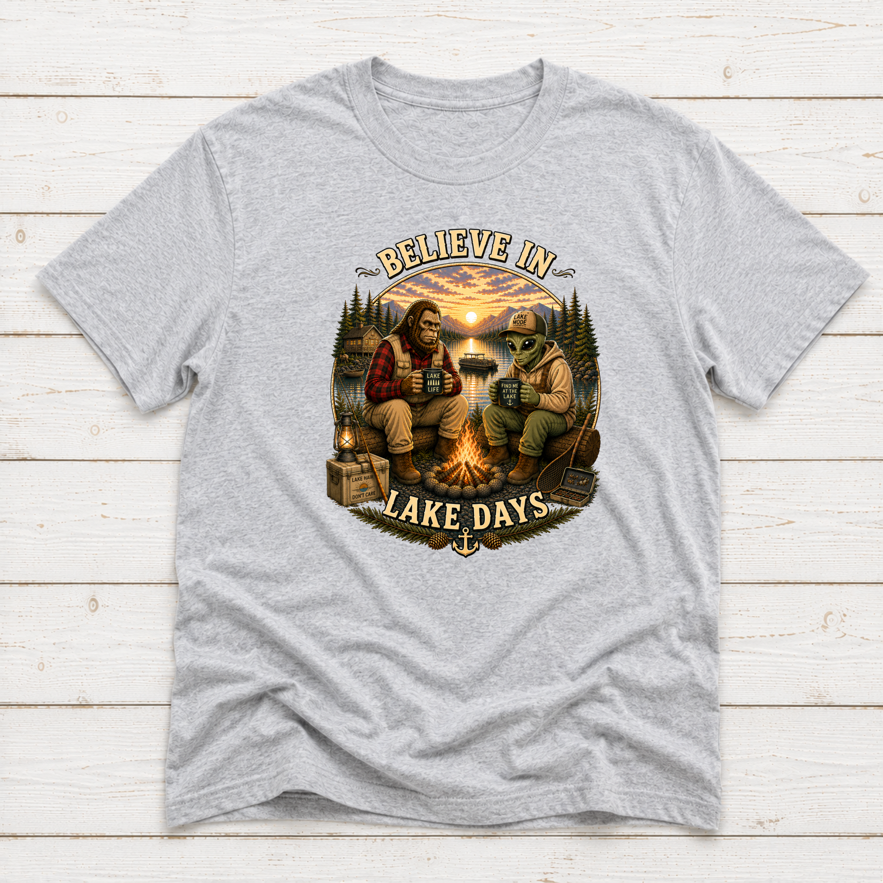 Believe In Lake Days Bigfoot and Yeti Lake Theme T-Shirt or Sweatshirt