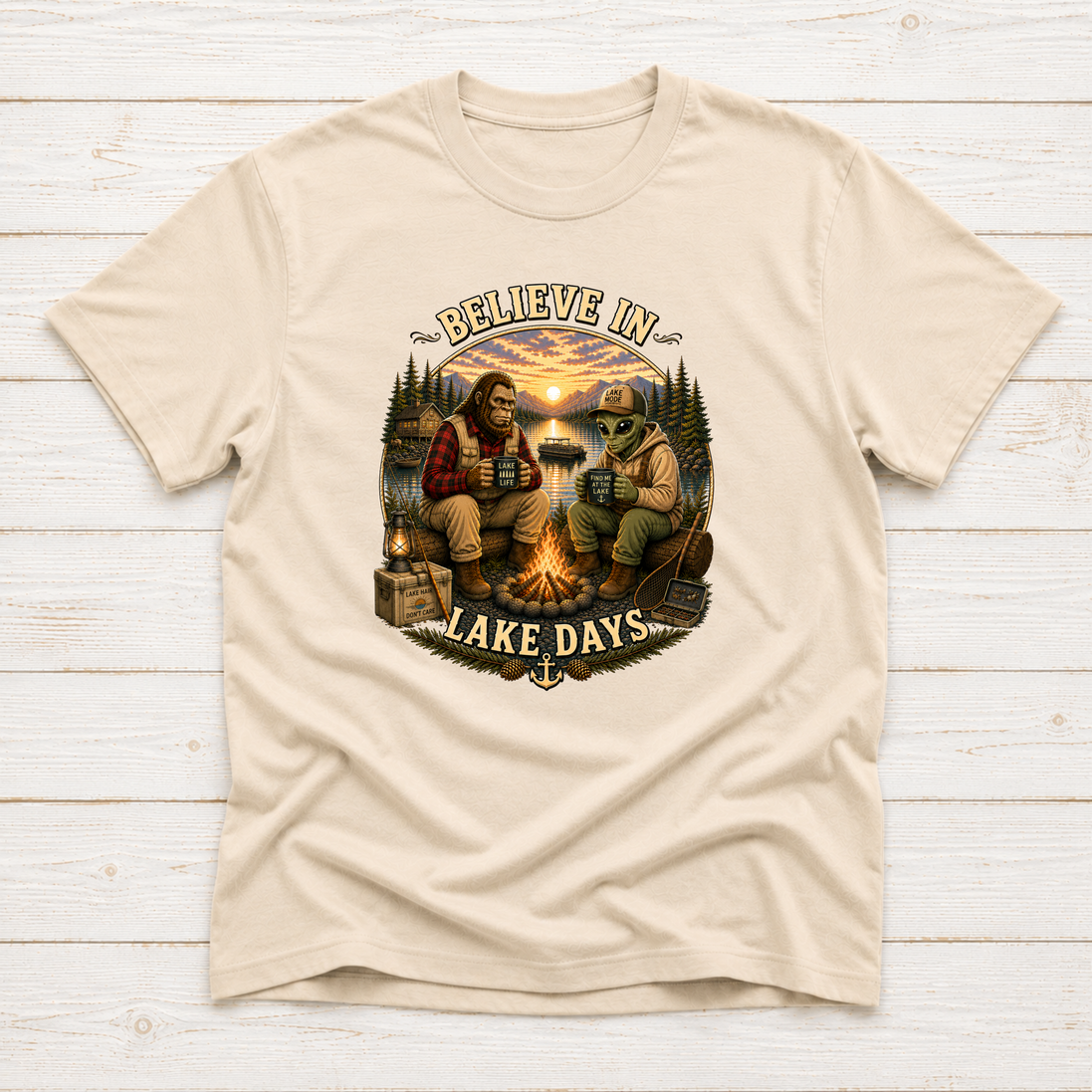 Believe In Lake Days Bigfoot and Yeti Lake Theme T-Shirt or Sweatshirt