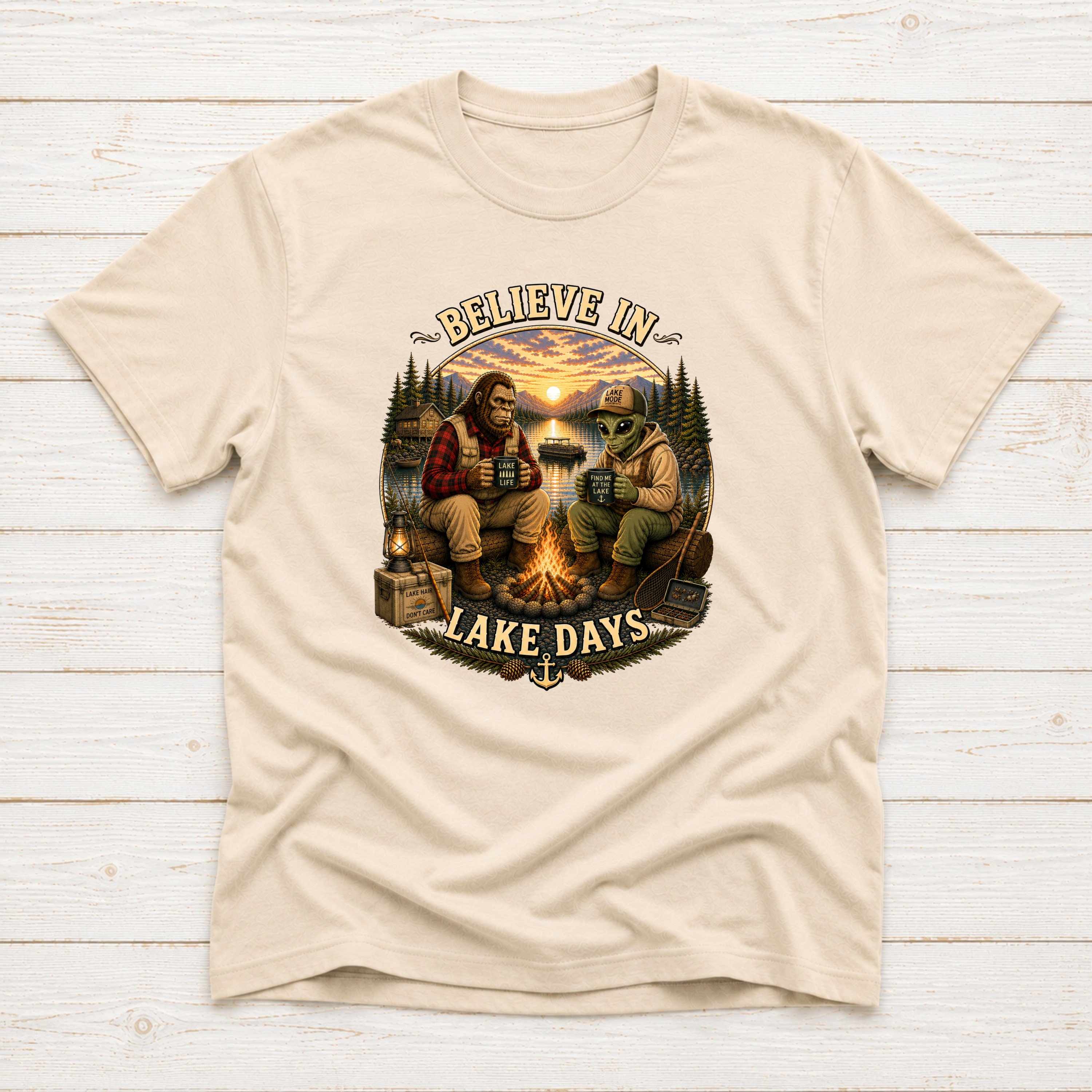 Believe In Lake Days Bigfoot and Yeti Lake Theme T-Shirt or Sweatshirt