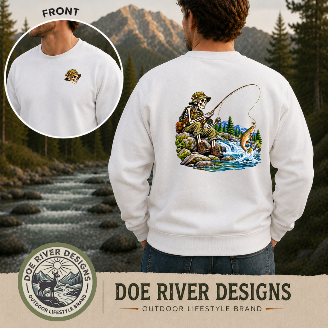 Skeleton Fly Fishing T-Shirt or Sweatshirt | Front & Back Graphic