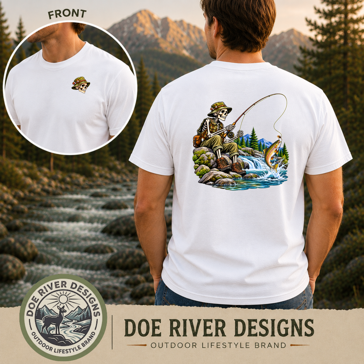 Skeleton Fly Fishing T-Shirt or Sweatshirt | Front & Back Graphic