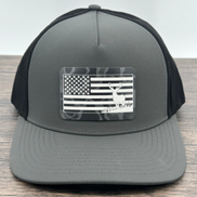 American Flag and Buck Deer Hunting Cap with Black Storm Camo Print