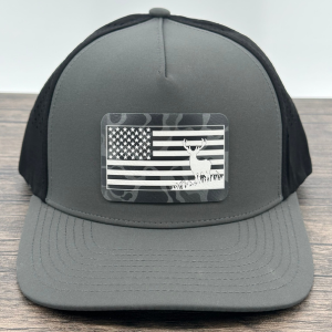 American Flag and Buck Deer Hunting Cap with Black Storm Camo Print