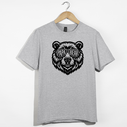 Gray t-shirt with a black bear graphic and 'Papa Bear' text on a white background