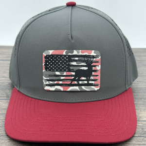 American Flag and Buck Deer Hunting Cap with Crimson Camo Print Leatherette Patch