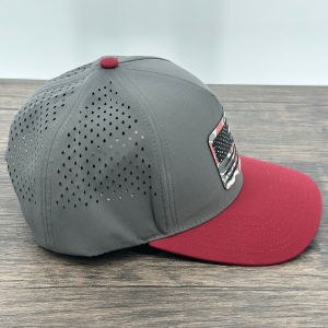 American Flag and Buck Deer Hunting Cap with Crimson Camo Print Leatherette Patch