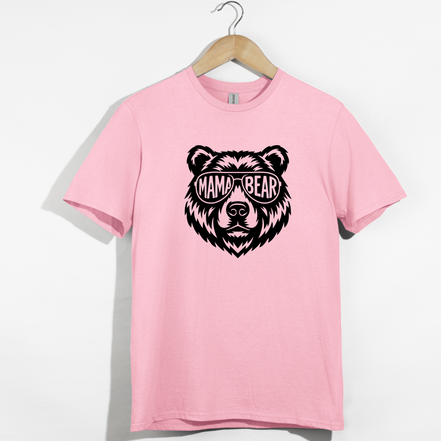 Pink t-shirt with a black bear graphic and 'MAMA BEAR' text 