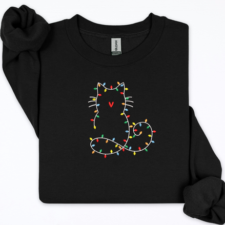 Christmas Cat Embroidered Sweatshirt | Cat with Christmas Lights Crewneck
