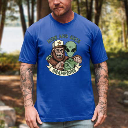 Big Foot and Alien Hide and Seek T-Shirt | Funny Graphic Tee