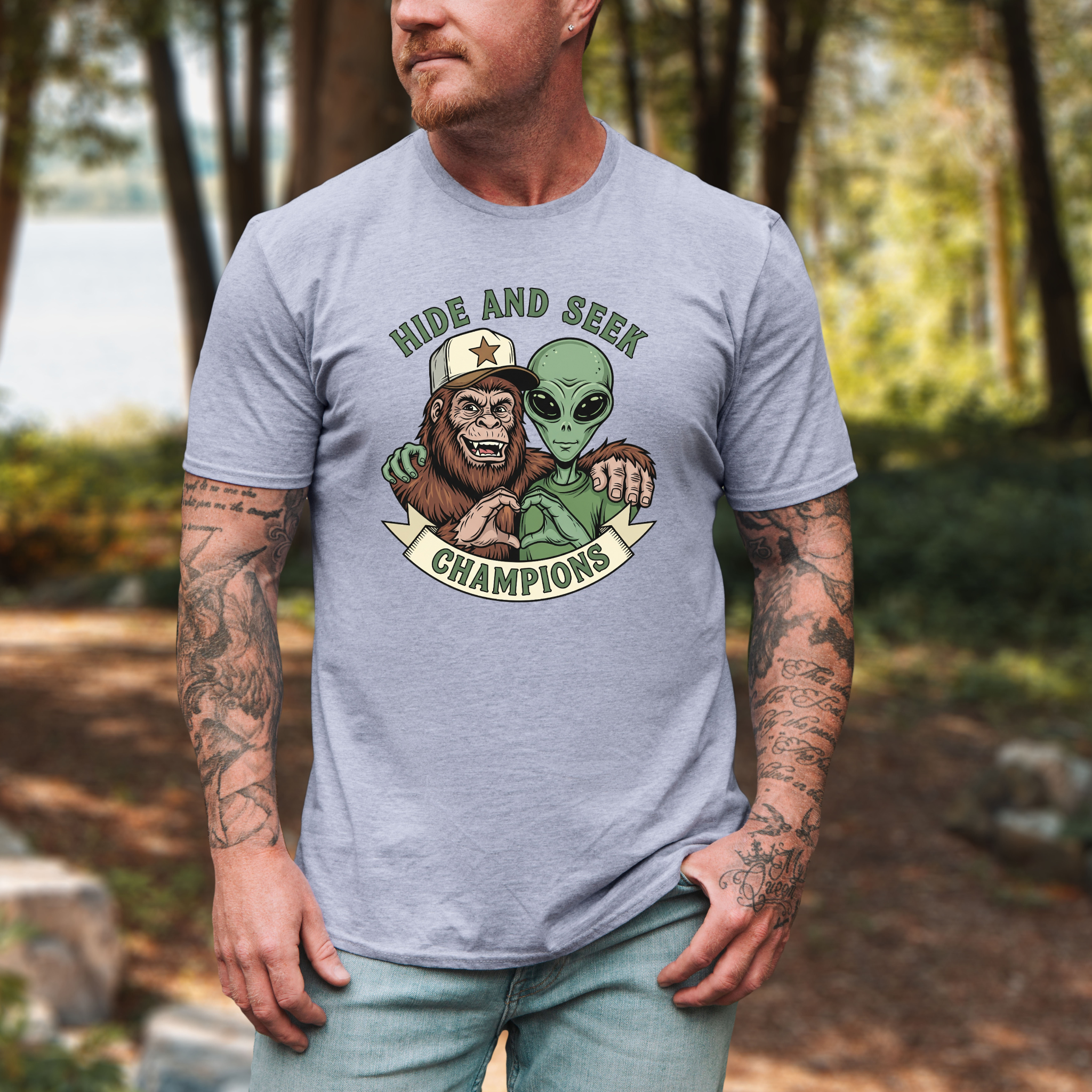 Big Foot and Alien Hide and Seek T-Shirt | Funny Graphic Tee