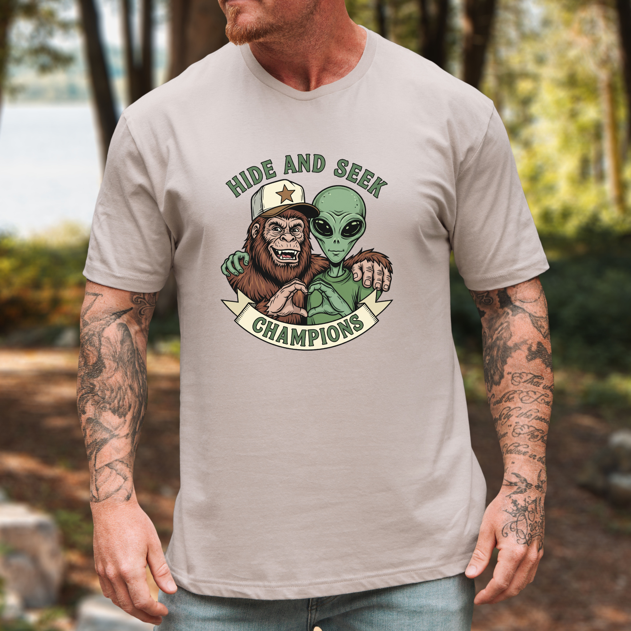 Big Foot and Alien Hide and Seek T-Shirt | Funny Graphic Tee
