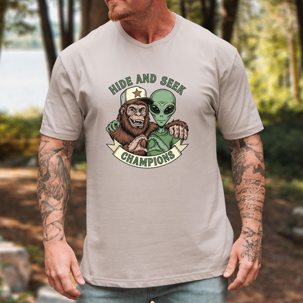 Big Foot and Alien Hide and Seek T-Shirt | Funny Graphic Tee