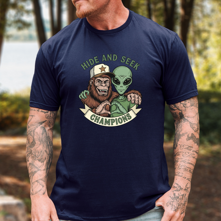 Big Foot and Alien Hide and Seek T-Shirt | Funny Graphic Tee
