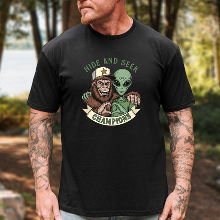 Big Foot and Alien Hide and Seek T-Shirt | Funny Graphic Tee
