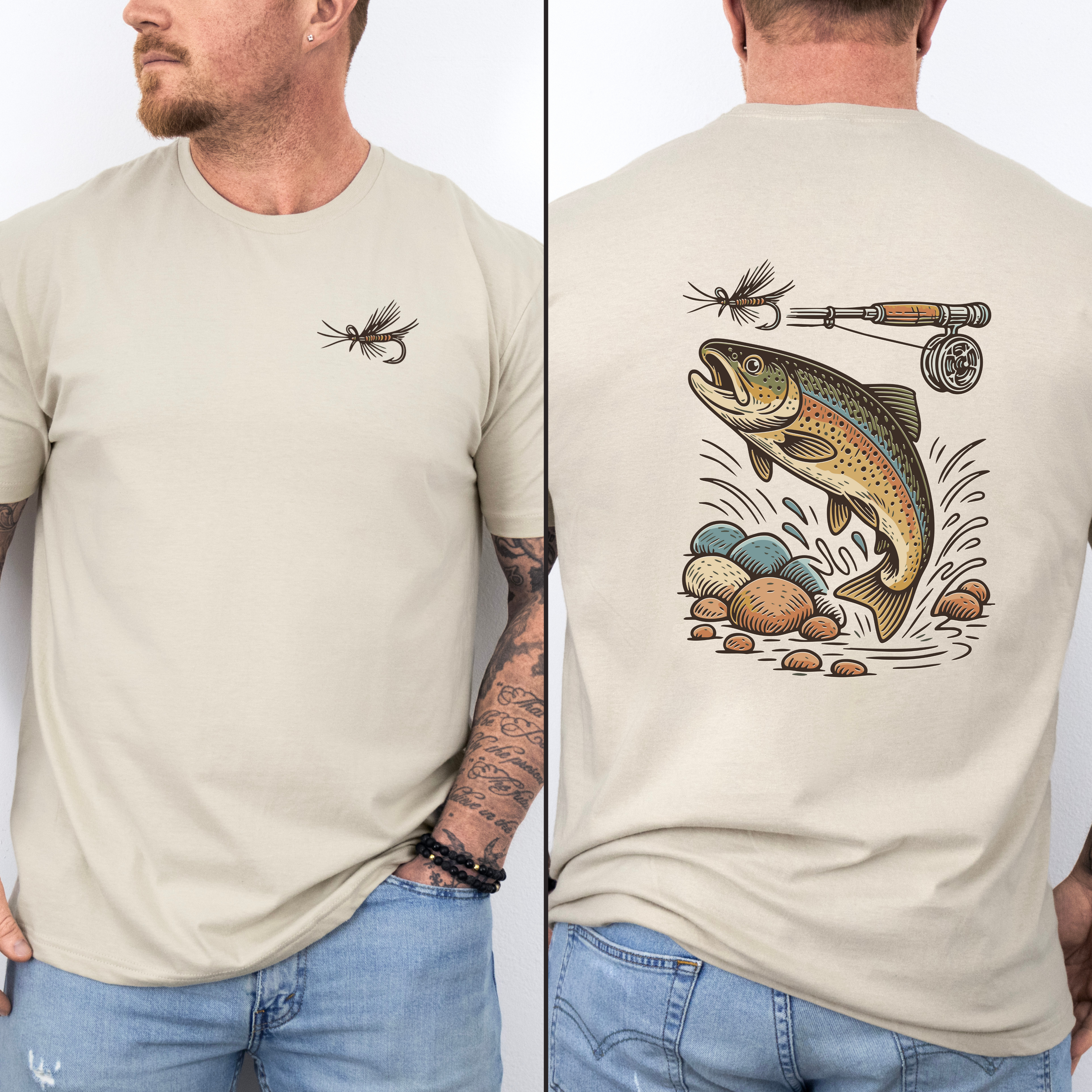 Sand color fly fishing t-shirt with a trout and fly rod and reel