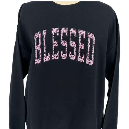 Blessed Pink Leopard Appliqué Embroidered Sweatshirt