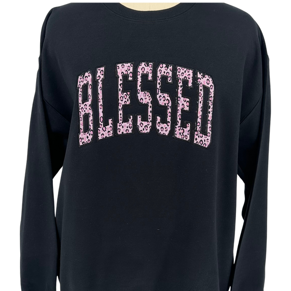 Blessed Pink Leopard Appliqué Embroidered Sweatshirt