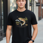 Jumping Trout with Mountain Background Fly Fishing T-Shirt