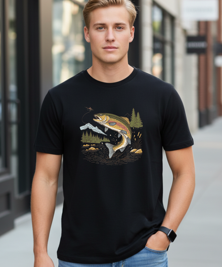 Jumping Trout with Mountain Background Fly Fishing T-Shirt