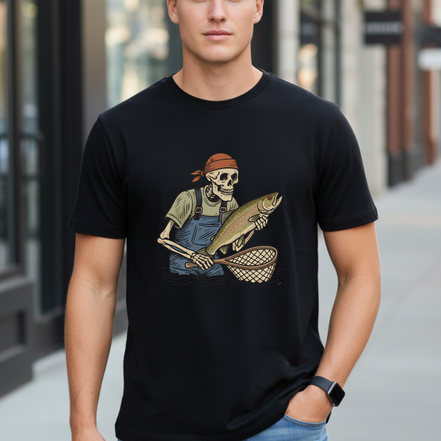 Skeleton with Trout Fly Fishing T-Shirt