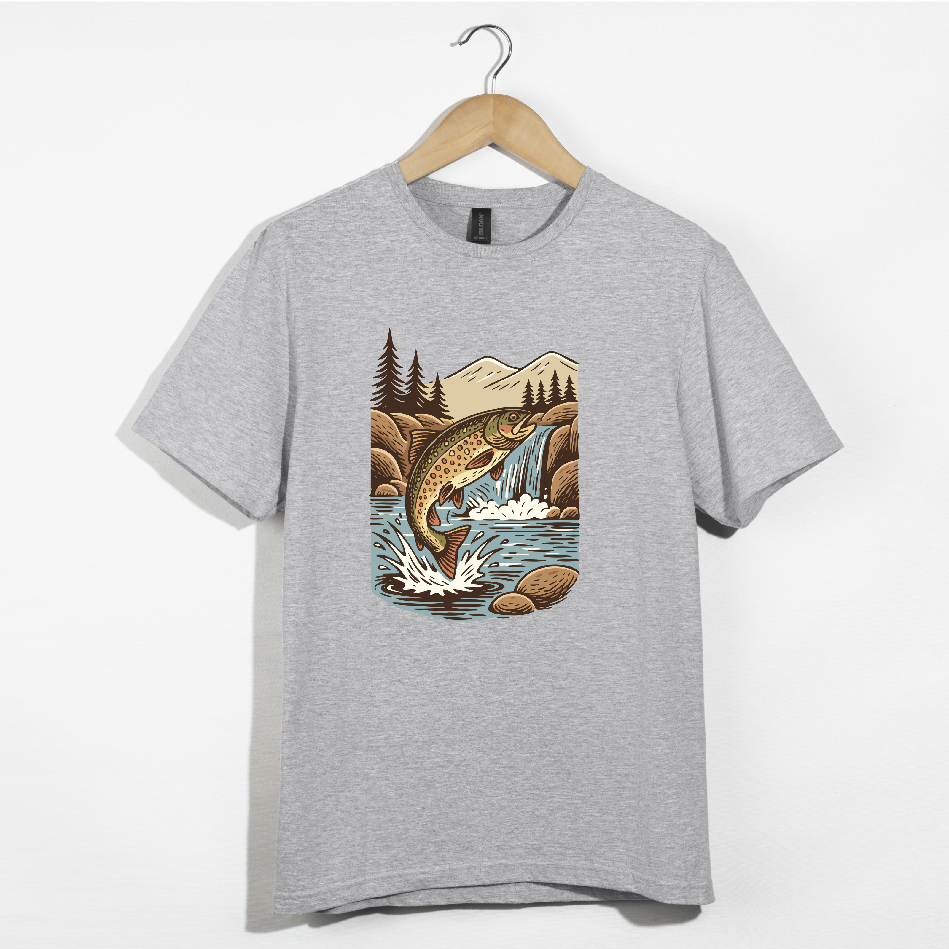 Jumping Trout with Waterfall Background Fly Fishing T-Shirt