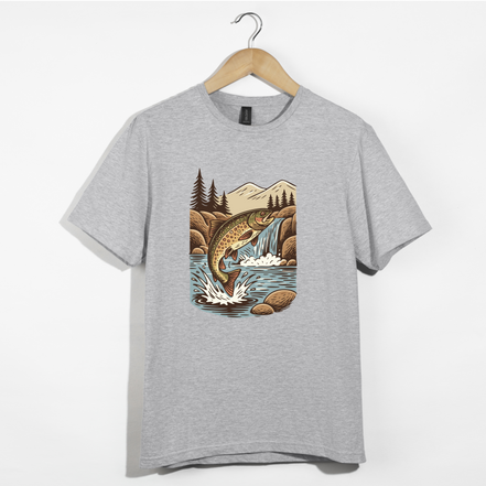 Jumping Trout with Waterfall Background Fly Fishing T-Shirt